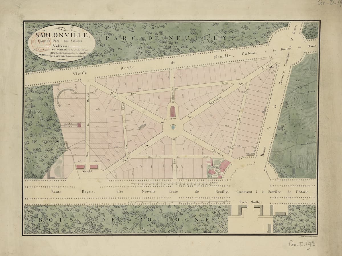 Plan ancien colorié du lotissement de Sablonville : rues en étoile autour d'une place, entre la route de Neuilly et le bois de Boulogne.